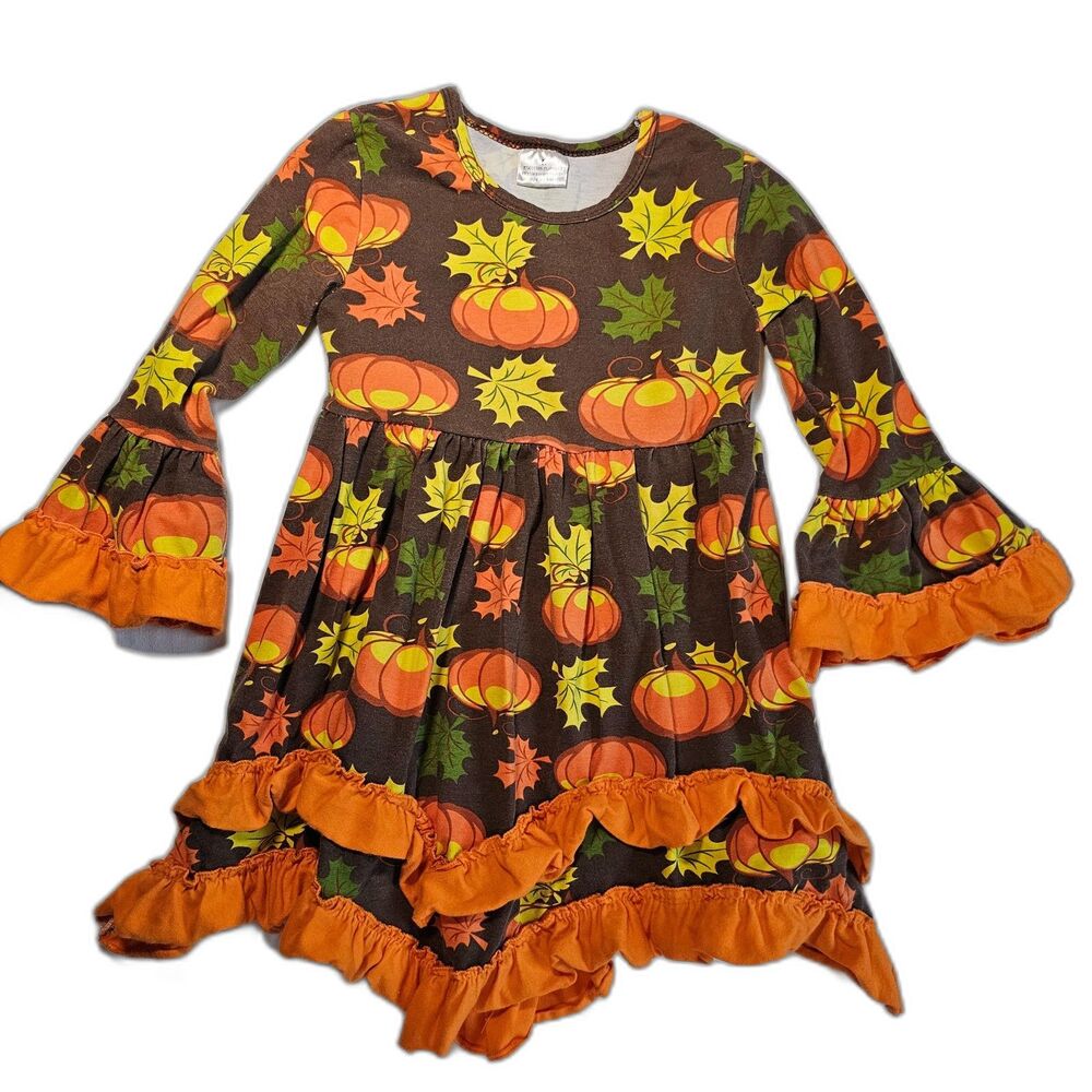 Vintage Girls Autumn Fall Pumpkin & Leaves Cotton Dress sz 5-6